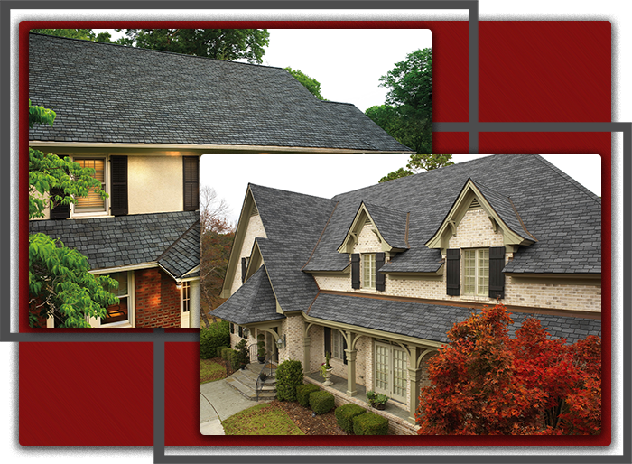 Two large homes with new gray shingles installed on their roofs